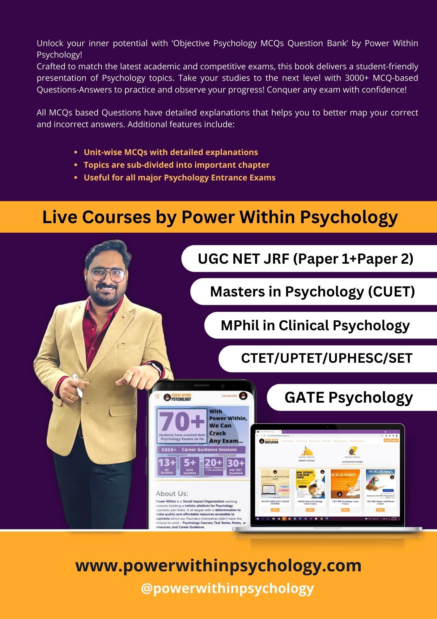 Objective Psychology 3000+ MCQs Question Bank Book - Power Within Psychology - Useful for CUET, UGC NET JRF, MPhil Clinical psychology, UPHESC, SET, GATE, UPSC (Optional) - Edition 1 (2023)